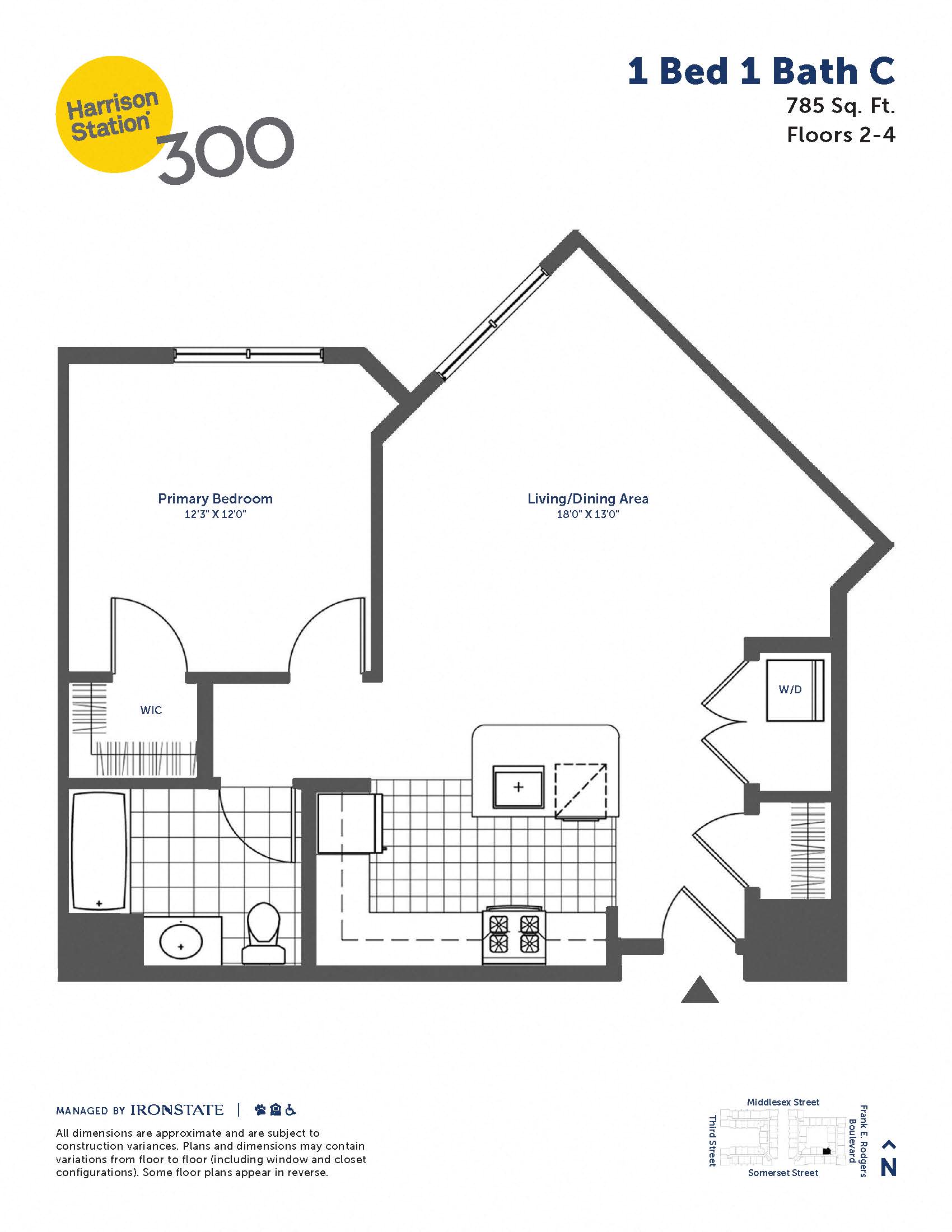 Floor plan for 1 bed, 1 bath, 785 sqft